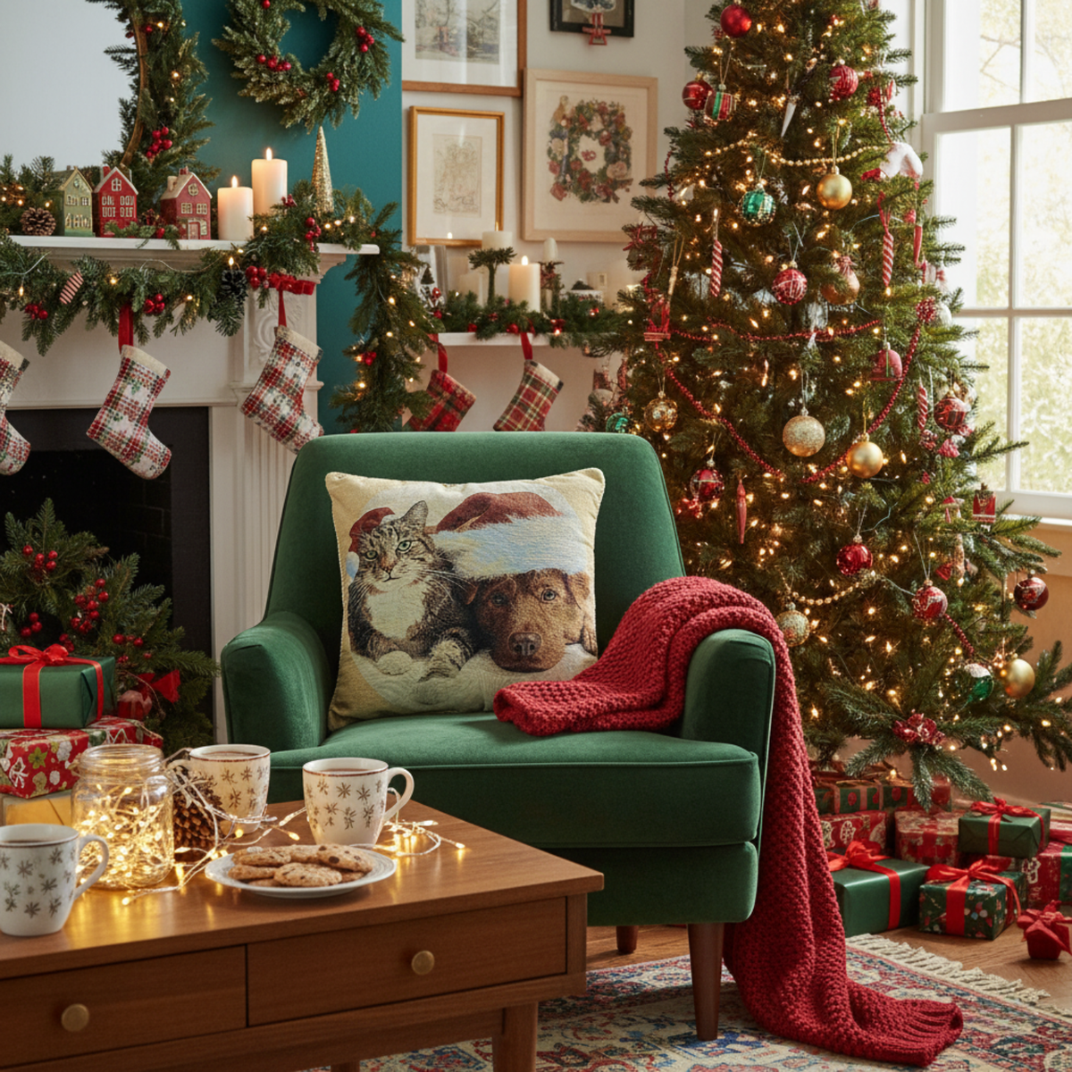 Christmas Dog and Cat Woven Tapestry Throw Pillow Cover, 18 x 18 – view 3