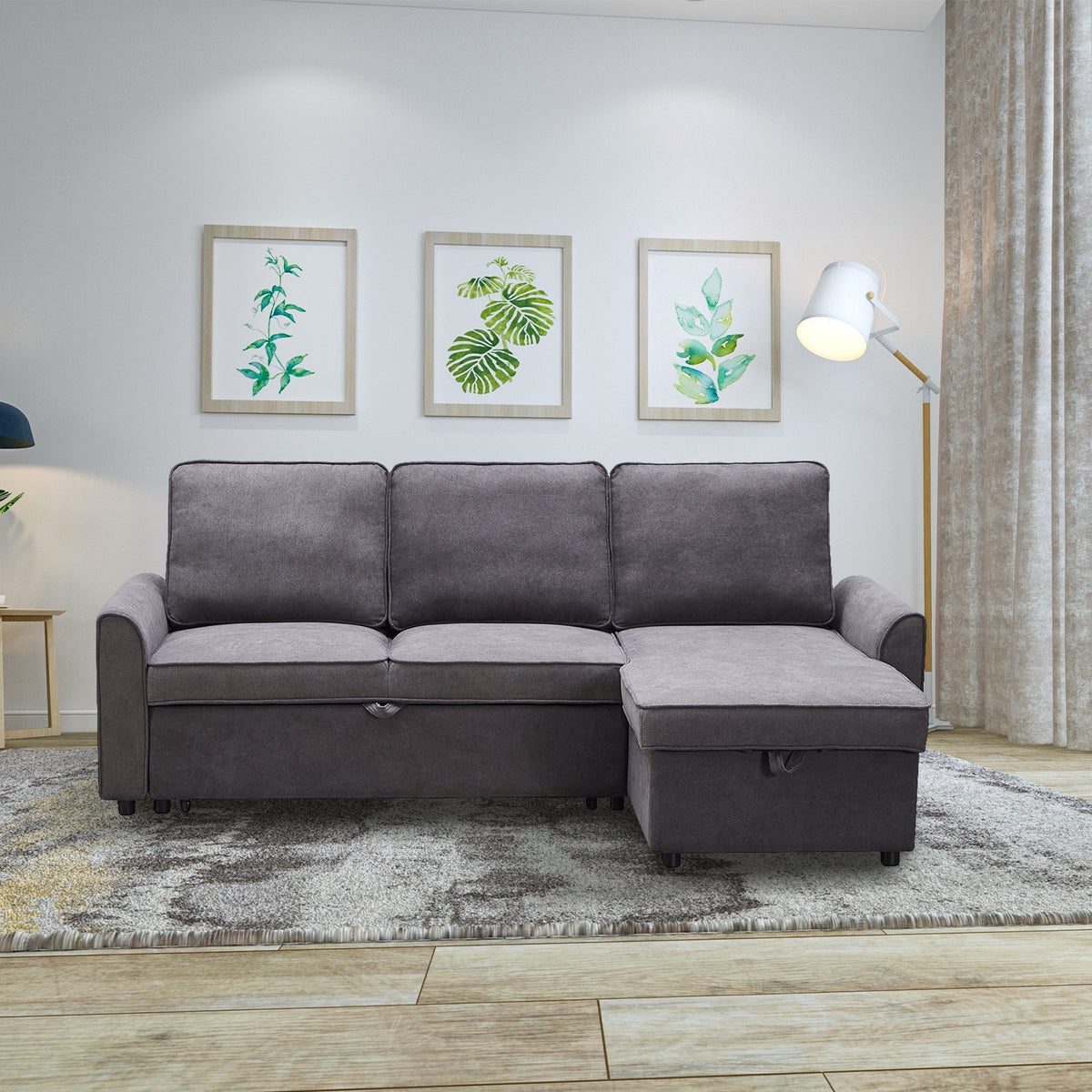 Modular L-Shaped Sofa Bed with Storage Chaise in Dark Grey Linen – view 9