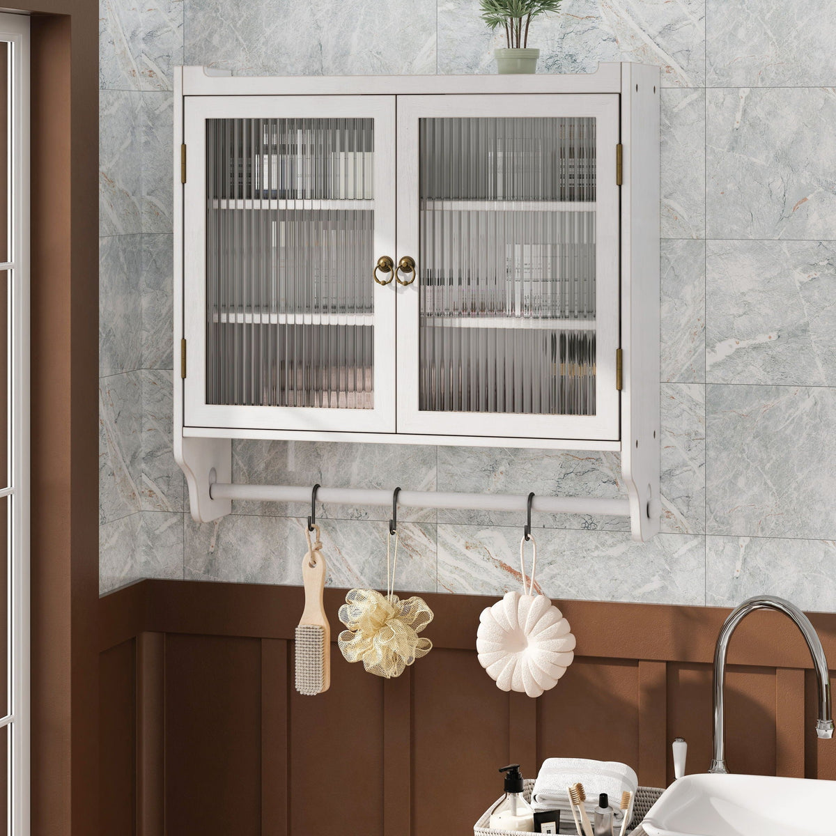 Vintage Double Door Medicine Cabinet with Towel Rack, White Washed – view 2