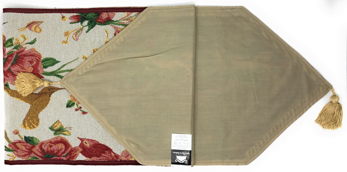 Red Roses and Finches Ivory Woven Tapestry Table Runner – view 9