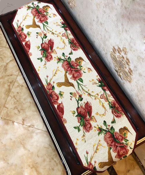 Red Roses and Finches Ivory Woven Tapestry Table Runner – view 7