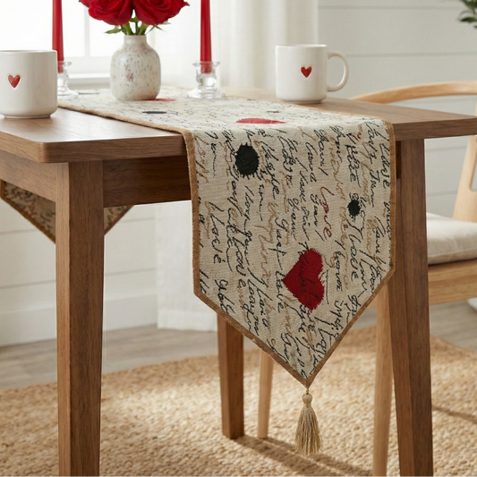 Beige Woven Tapestry Table Runner with 'I Love You' Script Design