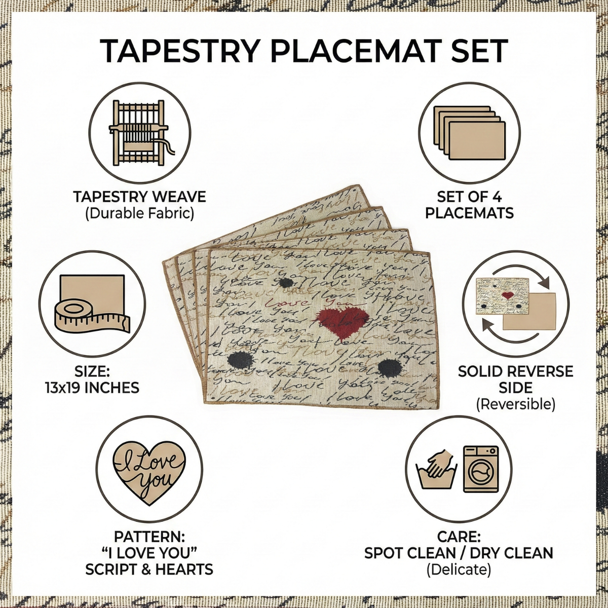 Golden Beige Love Letter Woven Tapestry Placemat Set – view 4