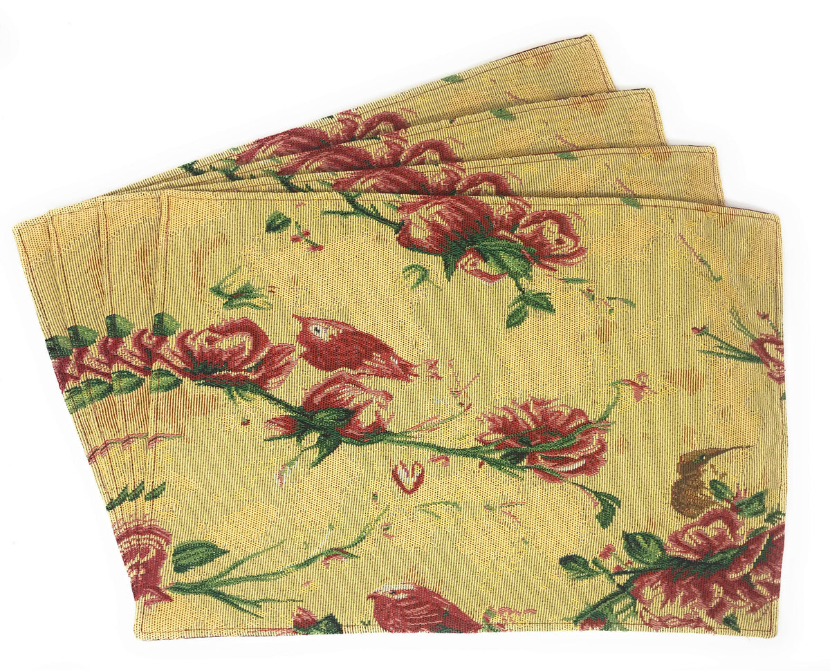 Red Roses and Finches Golden Woven Tapestry Placemat Set – view 4