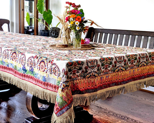 Ivory Paisley Tapestry Tablecloth, Woven Cotton-Polyester Blend