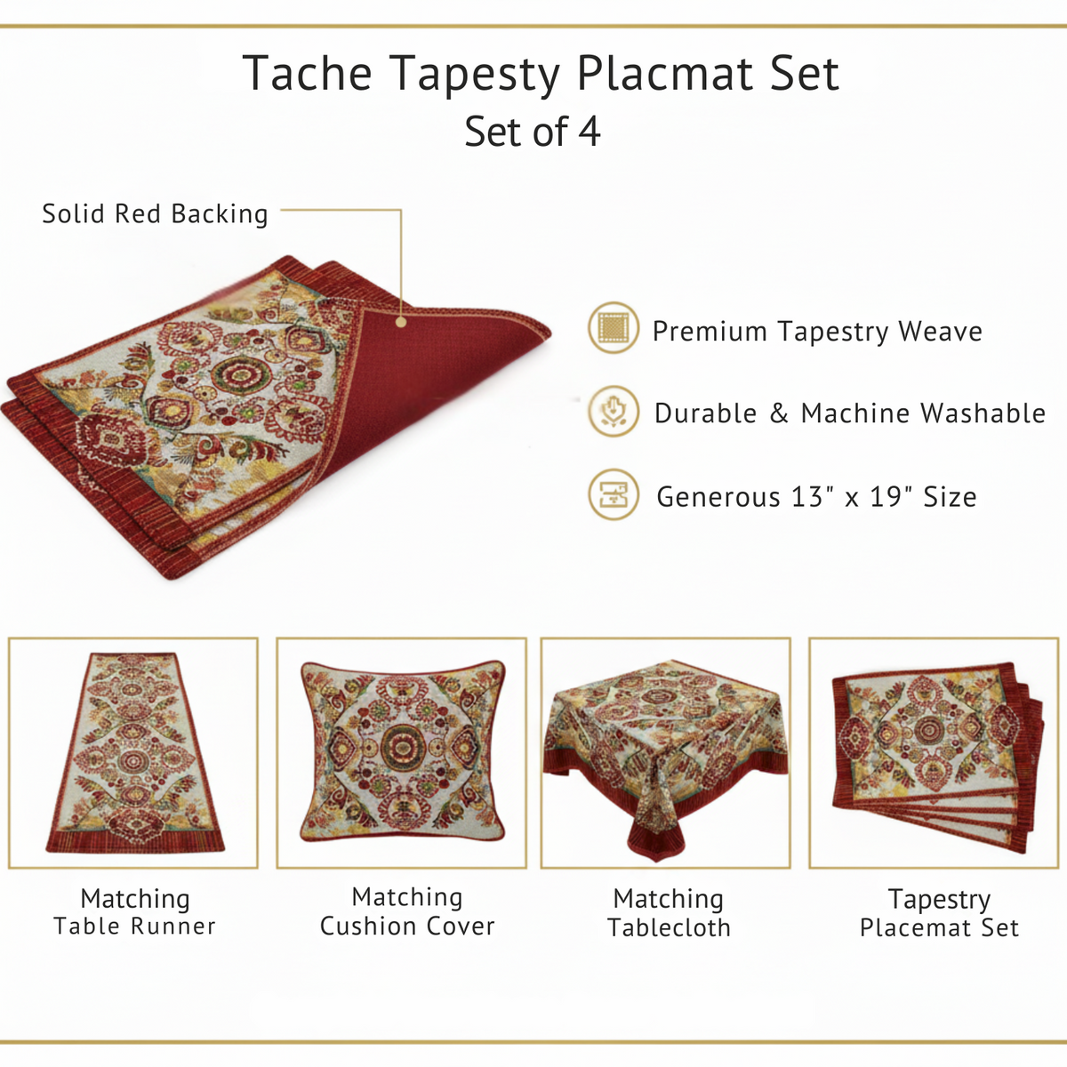 Burgundy Ornate Paisley Woven Tapestry Placemats, Eclectic Dining Set – view 13
