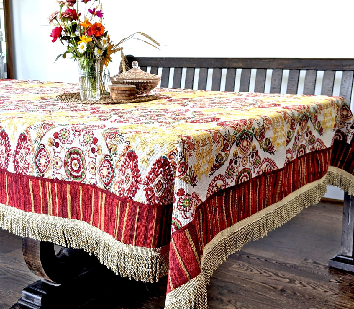Burgundy Paisley Woven Tapestry Tablecloth