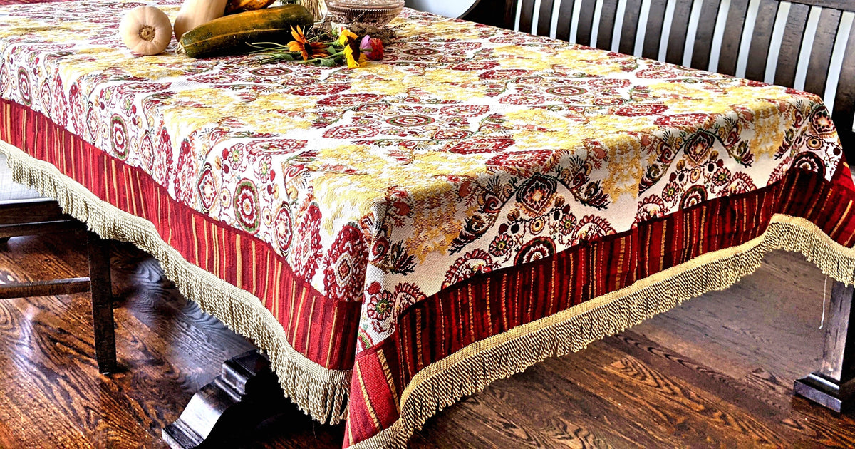 Elegant Burgundy Ornate Paisley Woven Tapestry Tablecloth – view 4