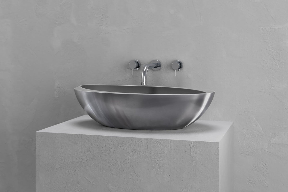 Ovoid Concrete and Metal Vessel Sink for Modern Baths