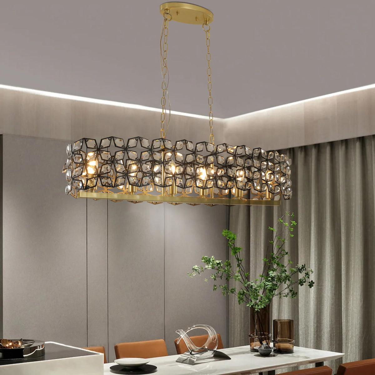 39" Contemporary K9 Crystal Linear Pendant Chandelier, Black and Gold – view 2
