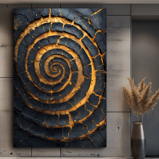 Black and gold spiral abstract canvas wall art in a contemporary home office with gold accents