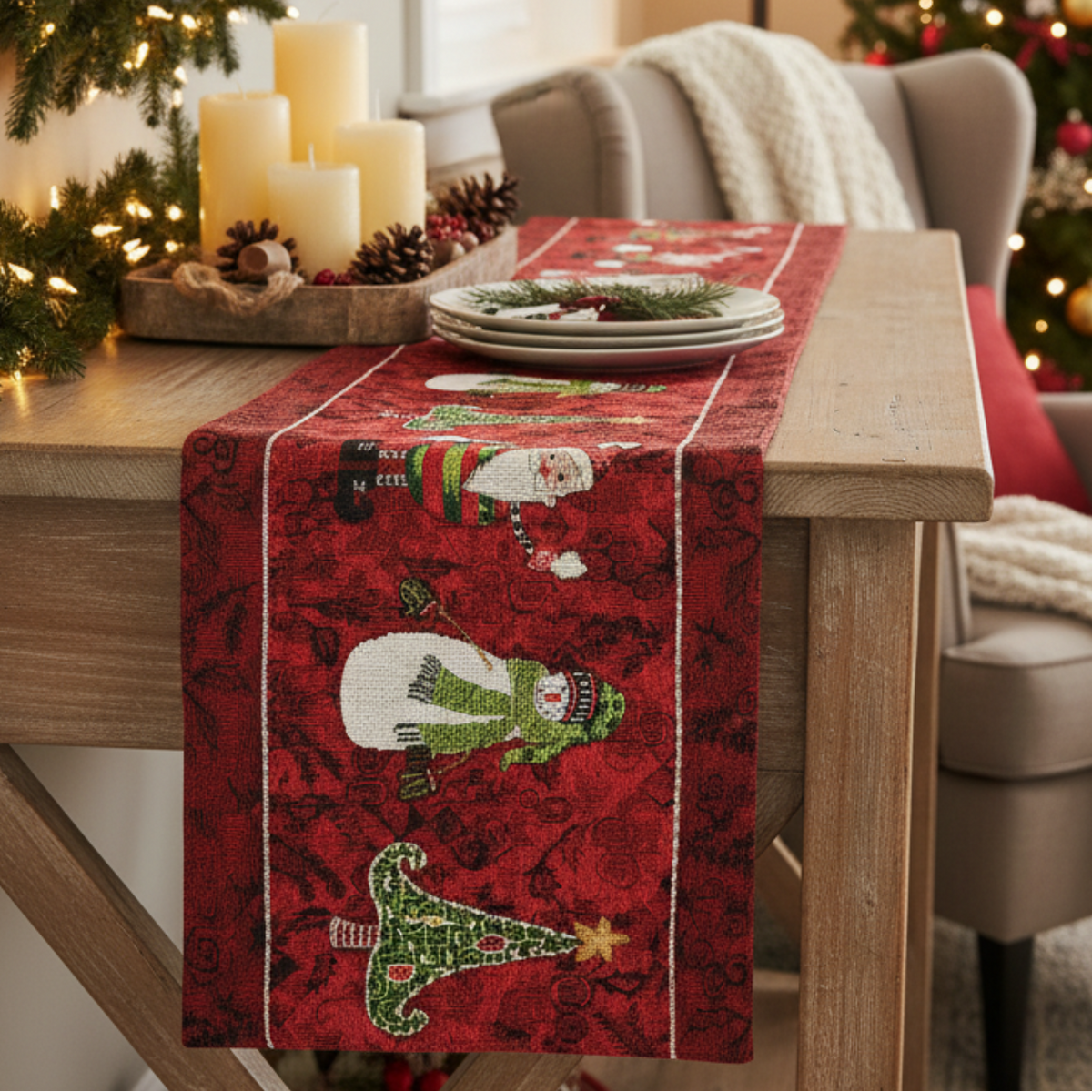Woven Tapestry Here Comes Santa Claus Holiday Table Runner