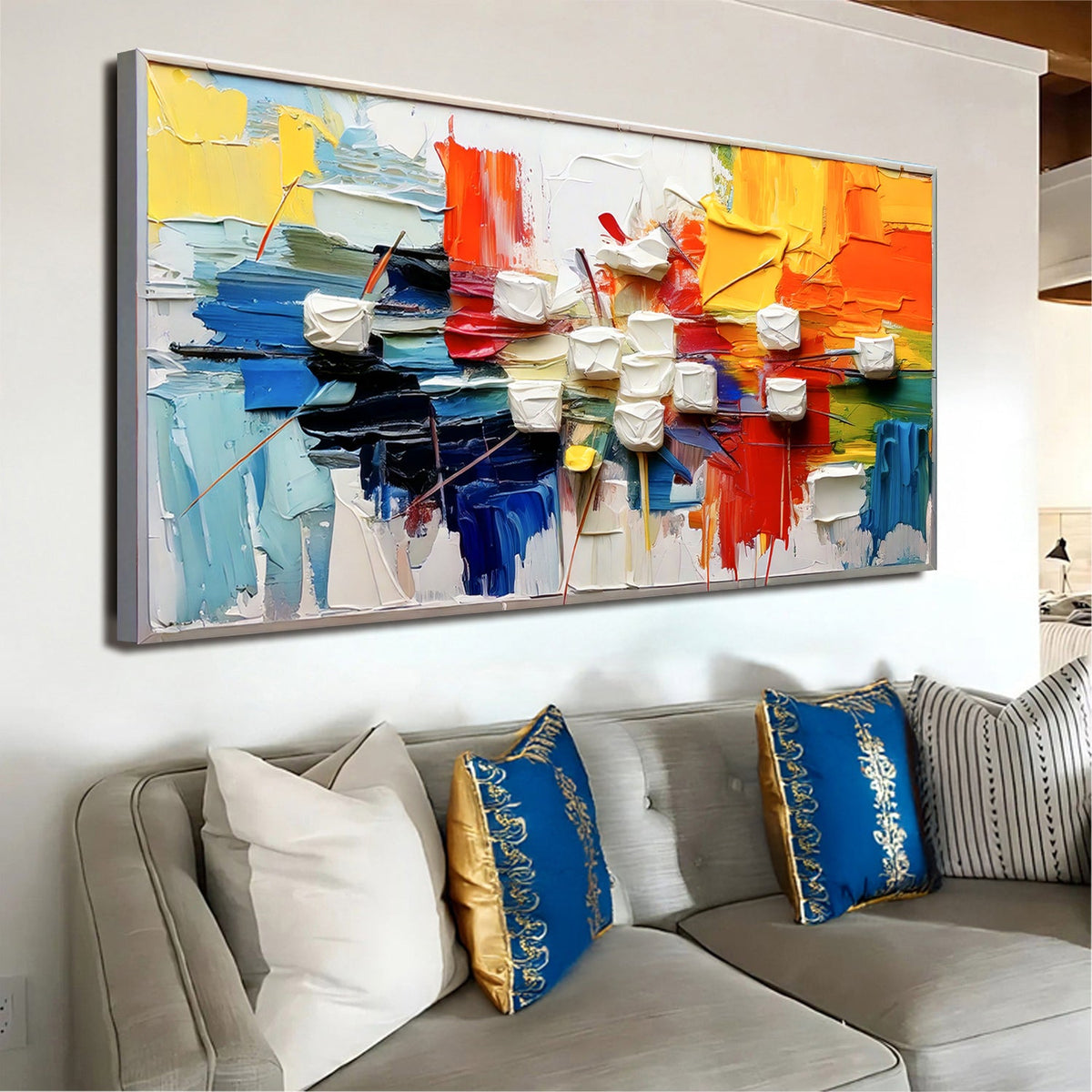 Urban abstract panoramic canvas wall art with gallery-wrapped edges in a modern loft living room