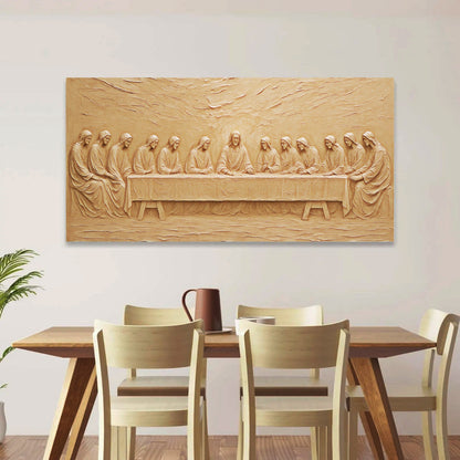 Minimalist Last Supper faith canvas wall art in panoramic format hanging above a dining room table