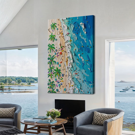 Beach Days wide coastal canvas wall art above a white slipcovered sofa in a beach house