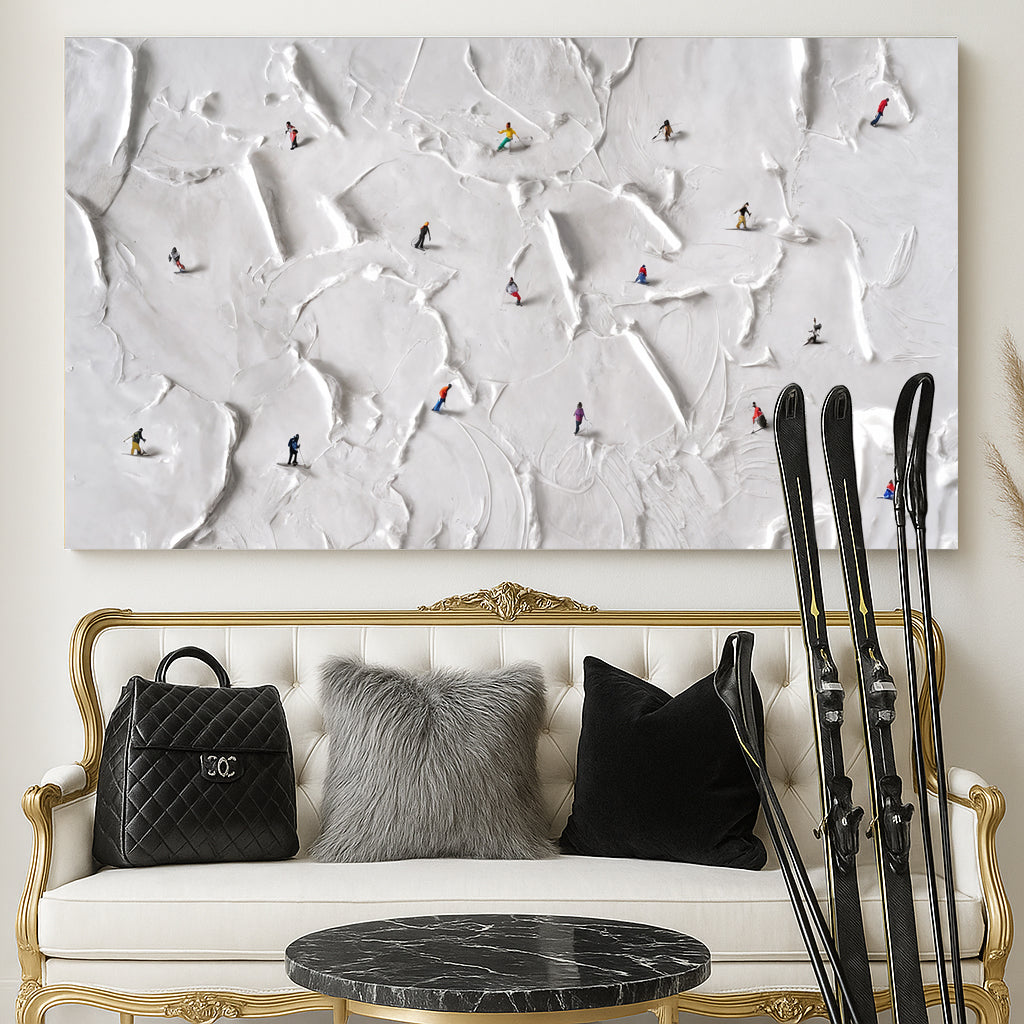 Wide minimalist mountain canvas wall art V above a bed in a modern rustic bedroom