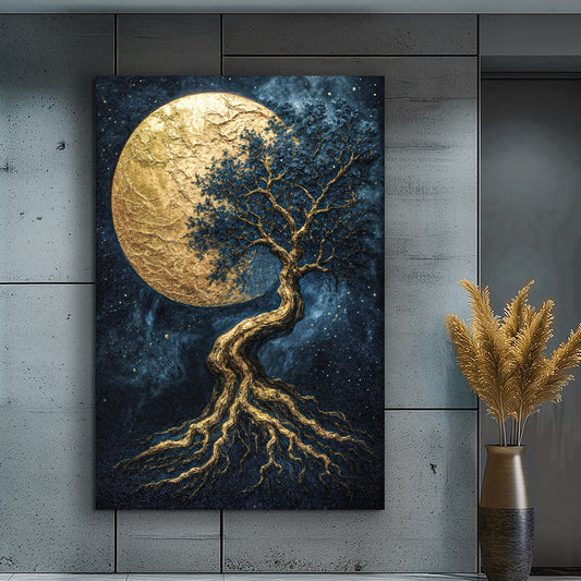 Lunar tree of life canvas wall art above a bed in a bohemian bedroom