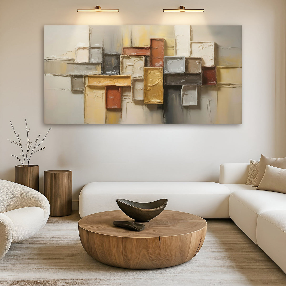 Minimalist abstract shape pattern panoramic canvas wall art above a modern sofa