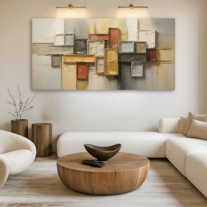 Minimalist abstract shape pattern panoramic canvas wall art above a modern sofa