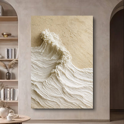 Modern neutral mountain landscape canvas wall art above a beige sofa in a calm living room