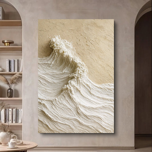 Modern neutral mountain landscape canvas wall art above a beige sofa in a calm living room