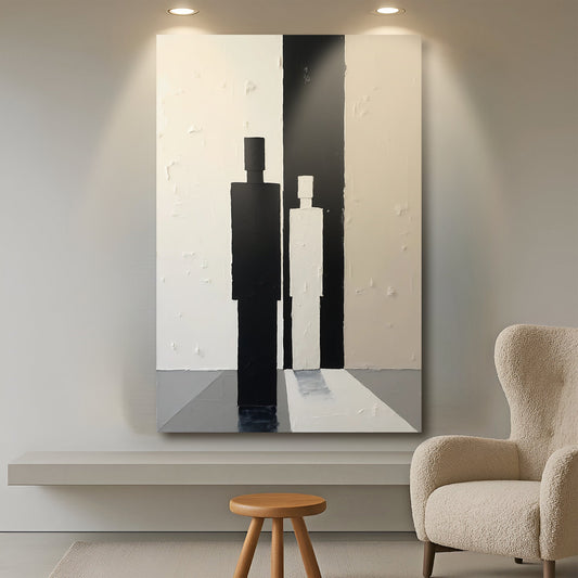 Contemporary minimalist abstract canvas wall art in a neutral Scandinavian bedroom