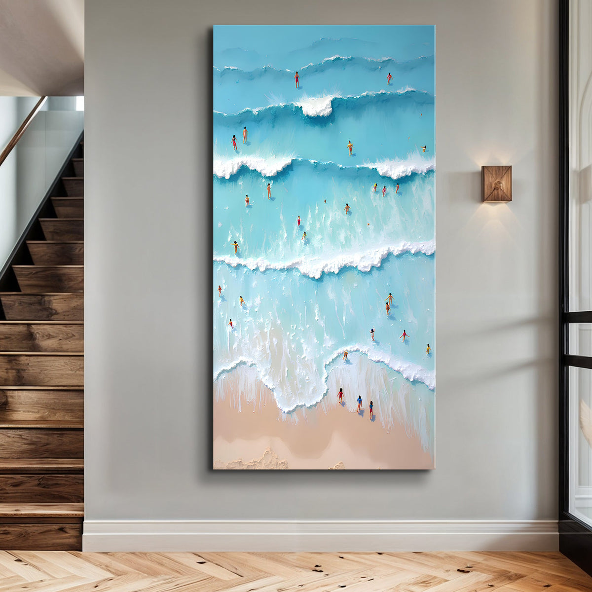 Beach Days IX coastal canvas wall art above a buffet in a light coastal dining room