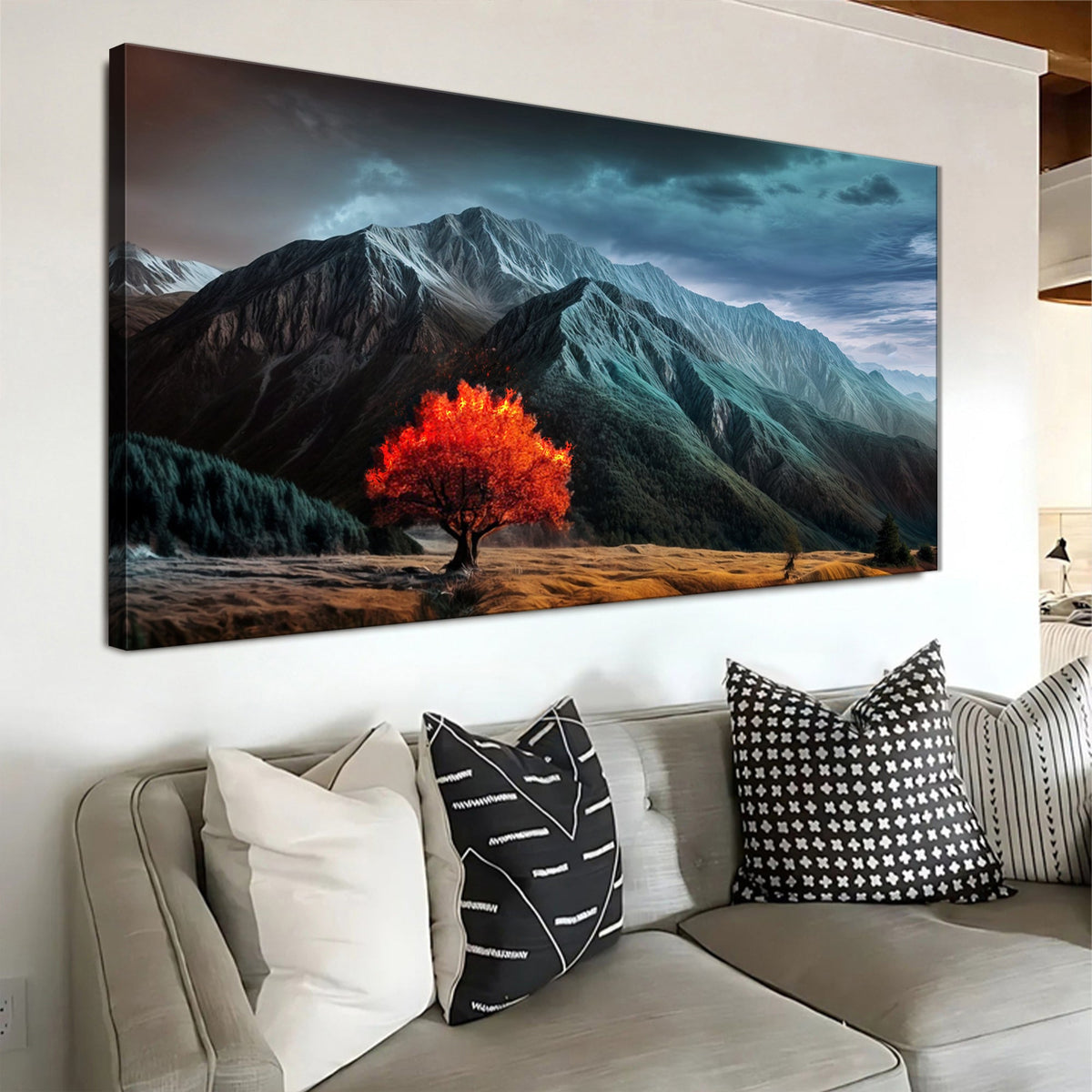 Burning Bush faith canvas wall art IX hanging above a sofa in a warm living room