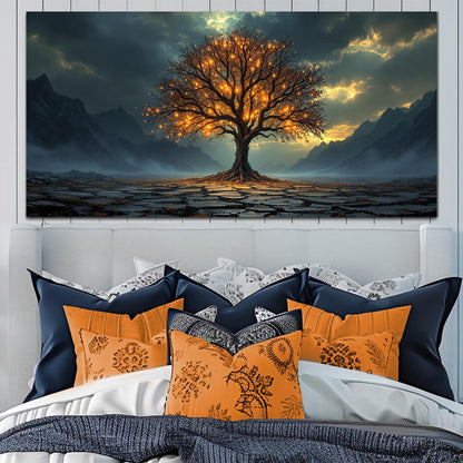Burning Bush faith canvas wall art XI hanging above a dining buffet in a family home