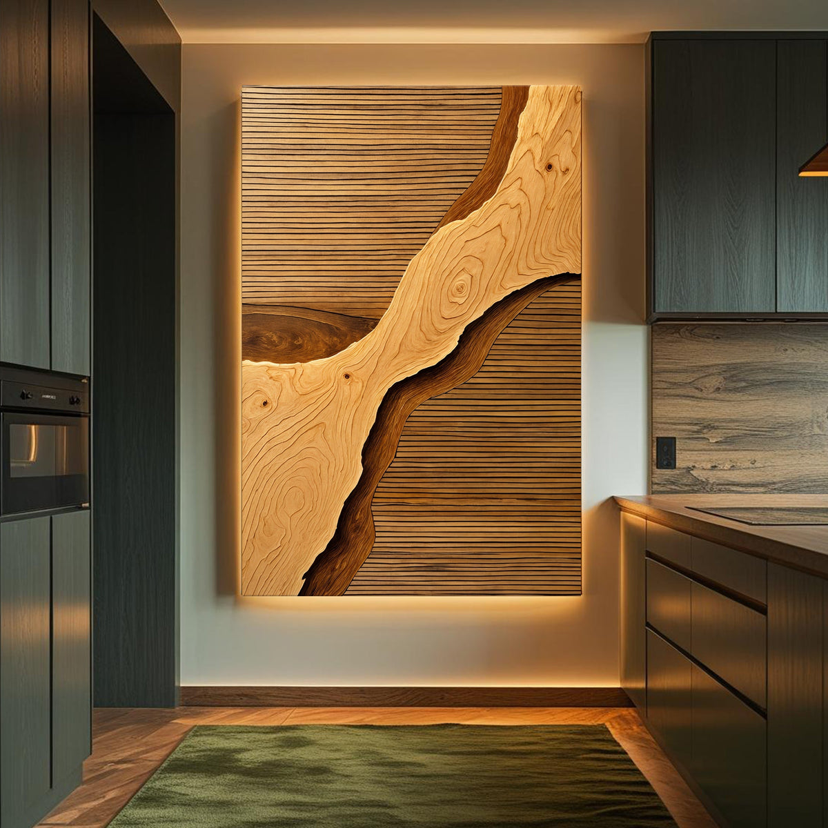 Wood Rift abstract canvas wall art with natural wood-inspired texture in a modern living room