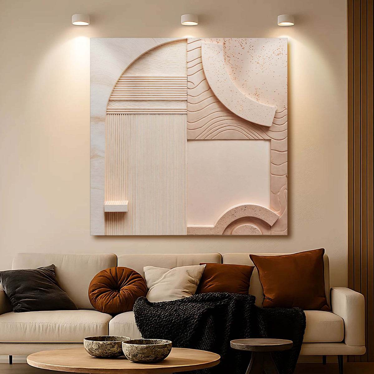 Minimalist peach clay square canvas wall art above a reading chair in a boho living room