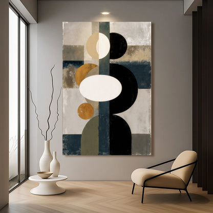 Abstract contemporary geometric canvas wall art above a desk in a minimalist home office
