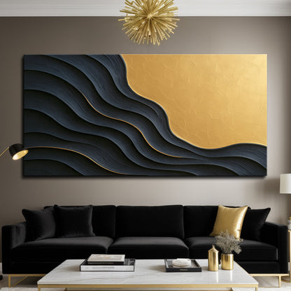 Wide black and gold minimalist abstract canvas wall art above a king bed in a modern bedroom