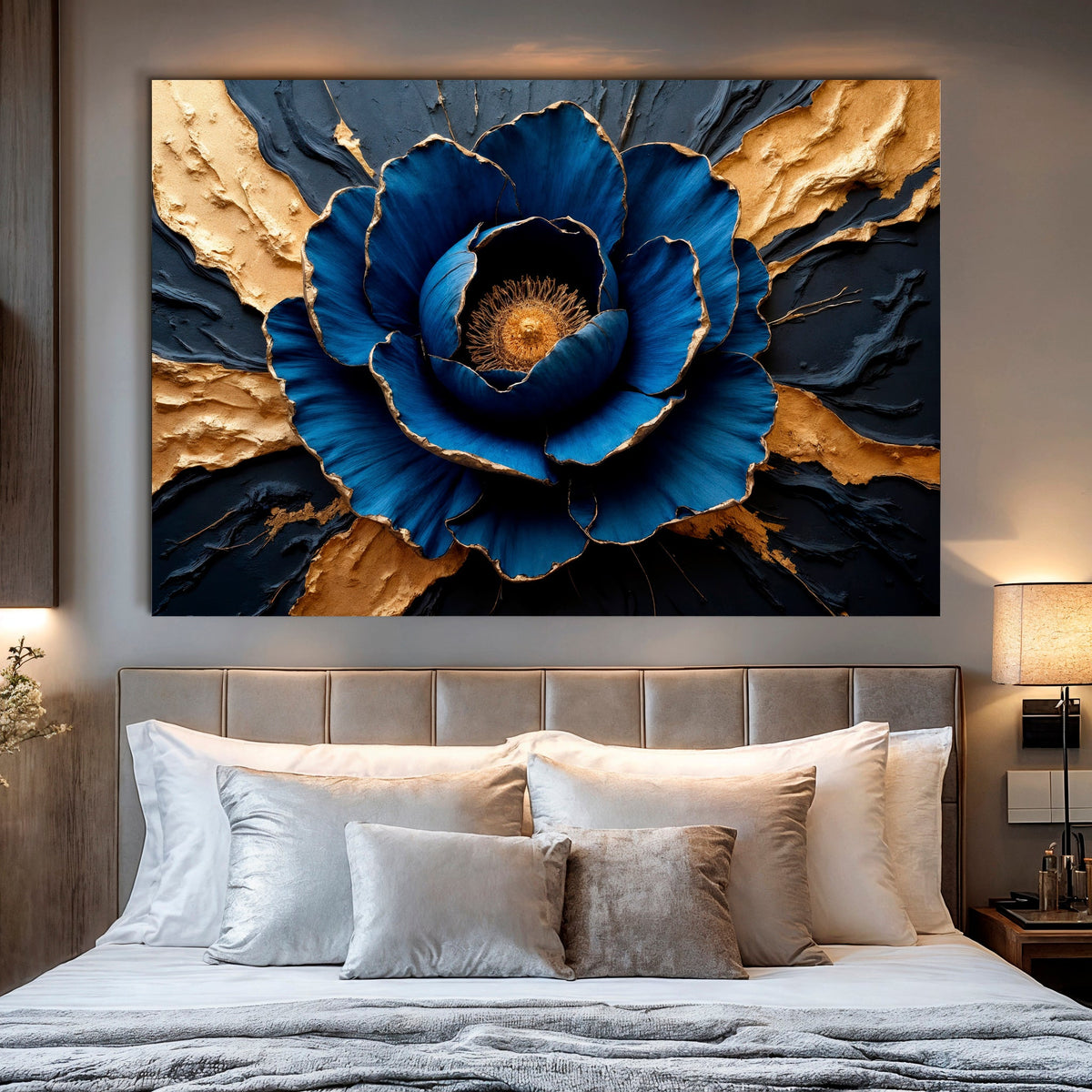 Sapphire Bloom blue floral canvas wall art with gallery-wrapped edges hanging in an elegant bedroom