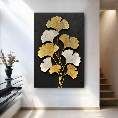 Golden ginkgo leaf botanical canvas wall art in a calm Japandi-style bedroom