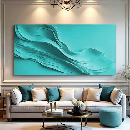 Turquoise minimalist panoramic canvas wall art with gallery-wrapped edges above a bed in a bedroom