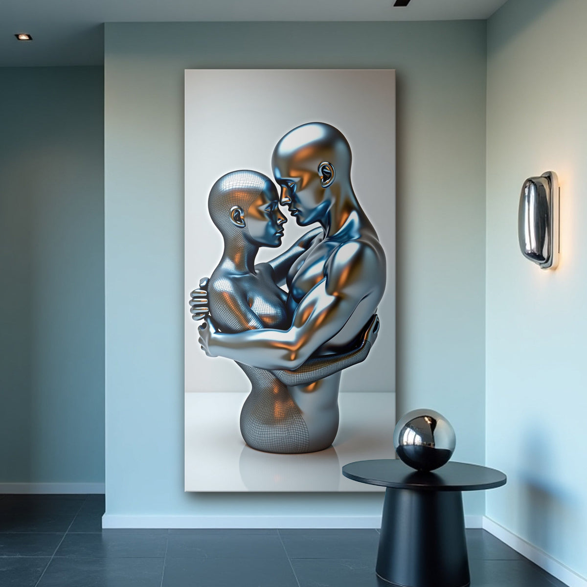 Eternal Love figure abstract canvas wall art II above a headboard in a primary bedroom