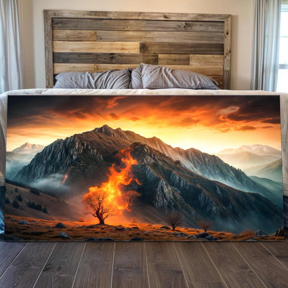 Burning Bush faith canvas wall art XIII above a desk in a calm study
