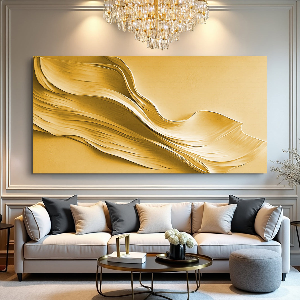 Wide gold minimalist canvas wall art II above a neutral sofa in a modern living room