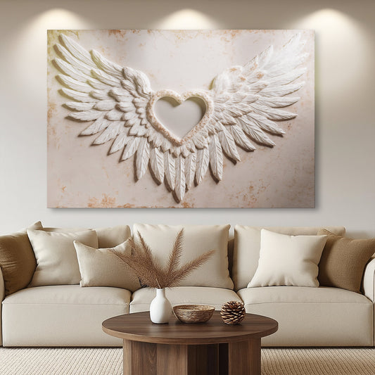 Wings of Love abstract canvas wall art with gallery-wrapped edges above a bed in a primary bedroom