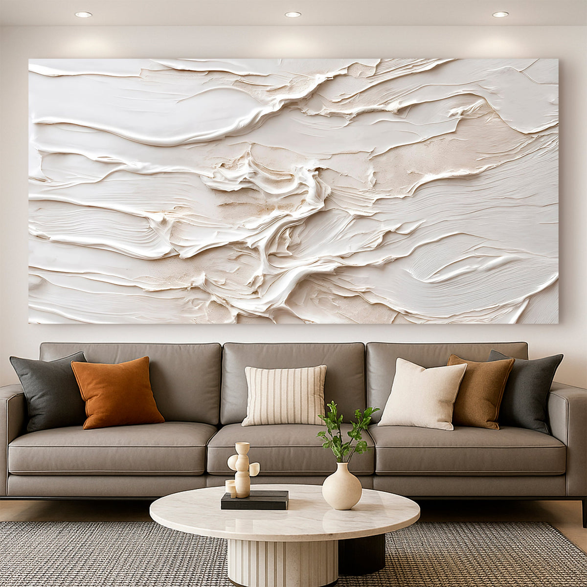Wide minimalist canvas wall art IX above a media console in a contemporary living room