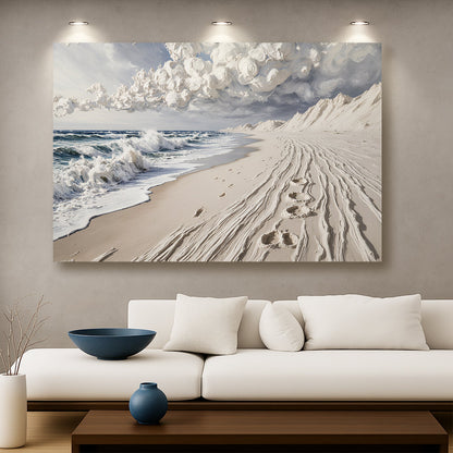 Footprints in the Sand gallery-wrapped canvas wall art in a coastal living room