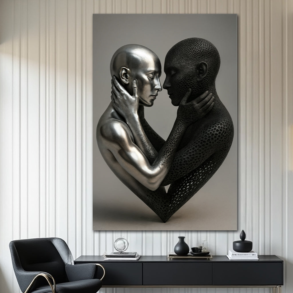 Eternal Love figure abstract canvas wall art VIII hanging above a nightstand in a bedroom
