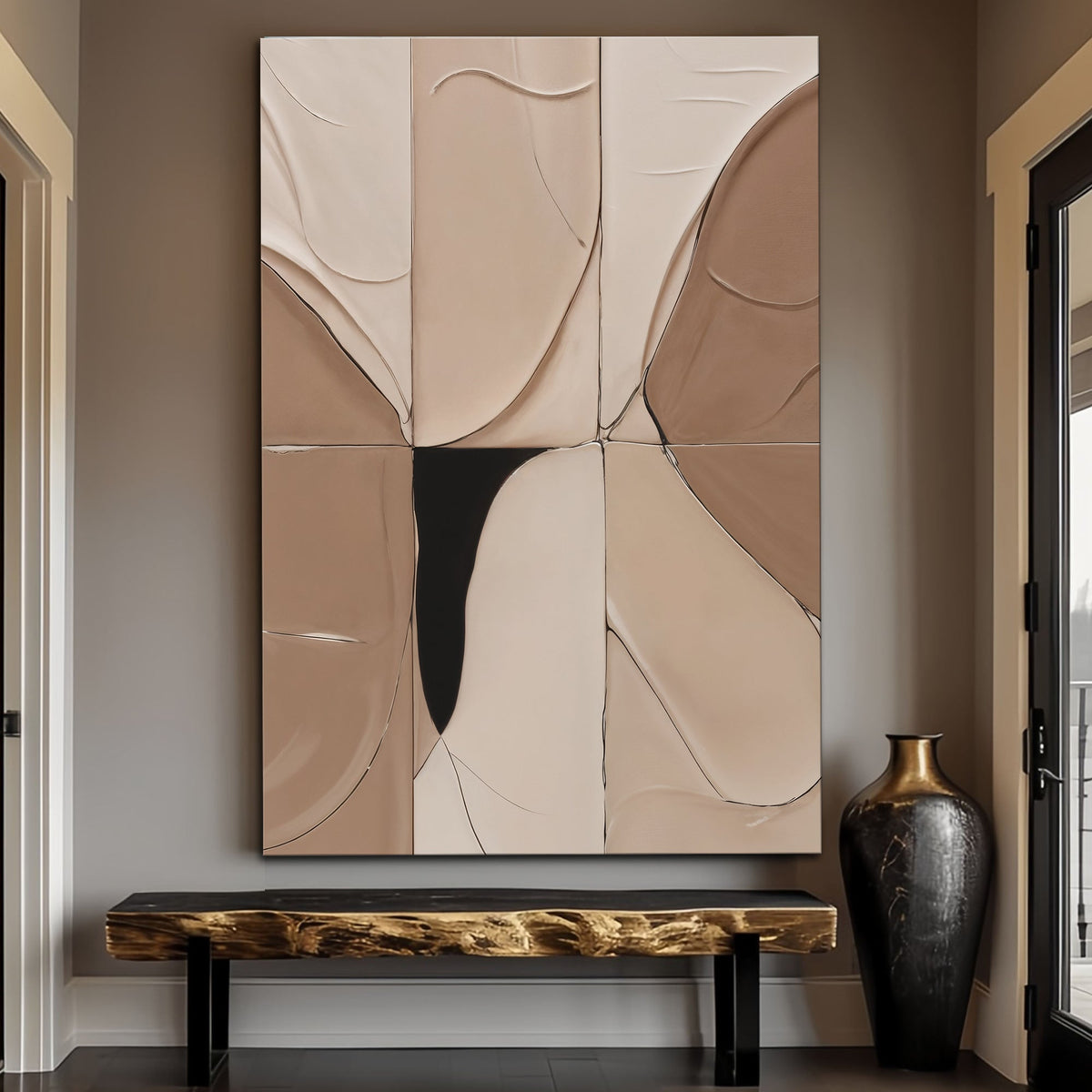 Neutral abstract boho canvas wall art above a rattan headboard in a boho bedroom
