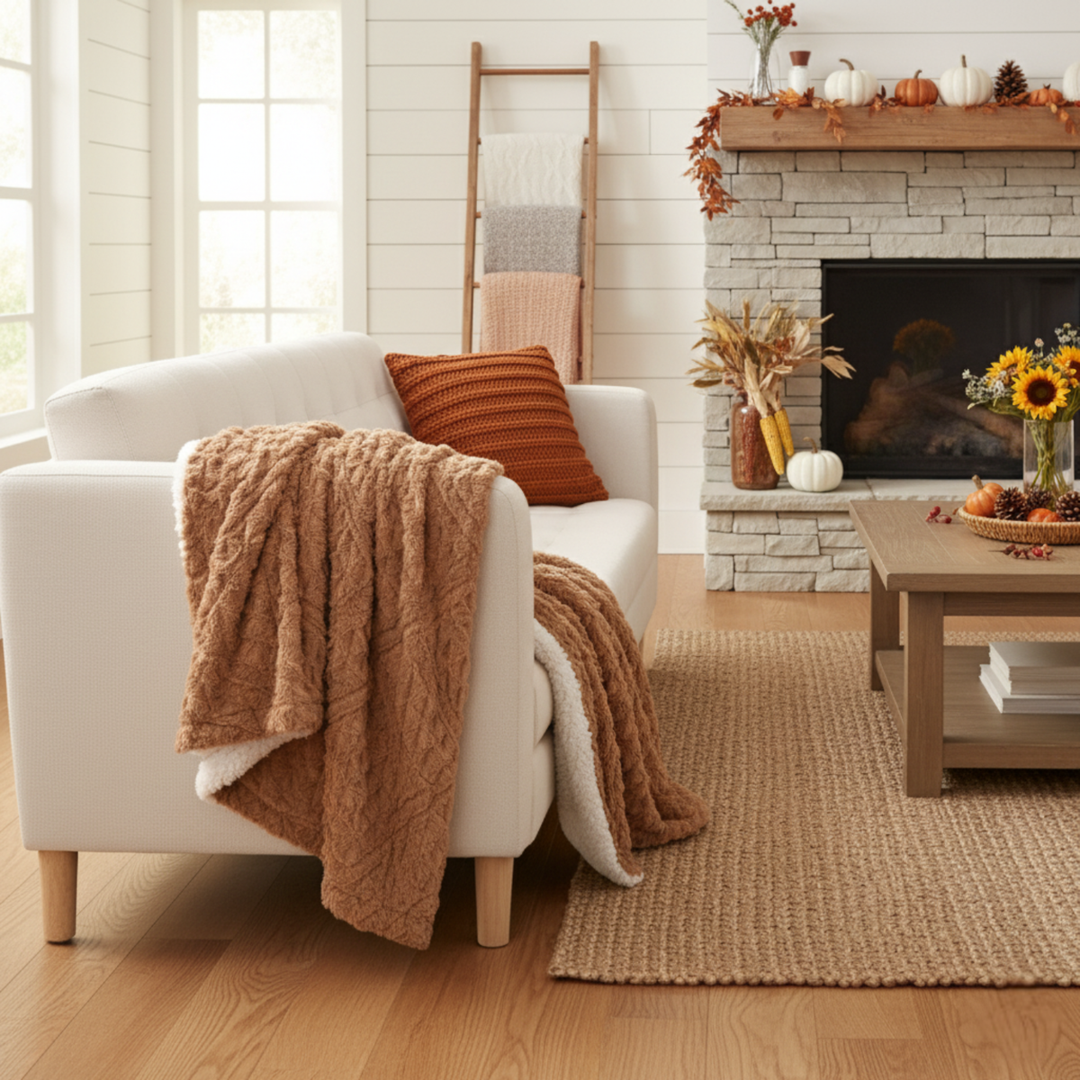 Caramel Brown Embossed Chevron Faux Fur and Sherpa Throw Blanket – view 7