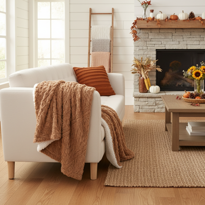 Caramel Brown Embossed Chevron Faux Fur and Sherpa Throw Blanket – view 7