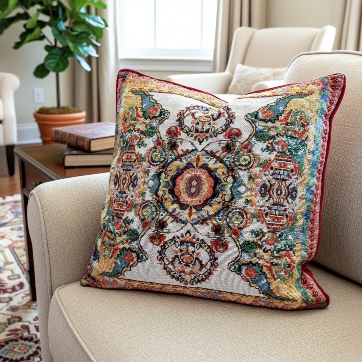 Elegant Ivory Ornate Paisley Woven Tapestry Throw Pillow Cover – view 2