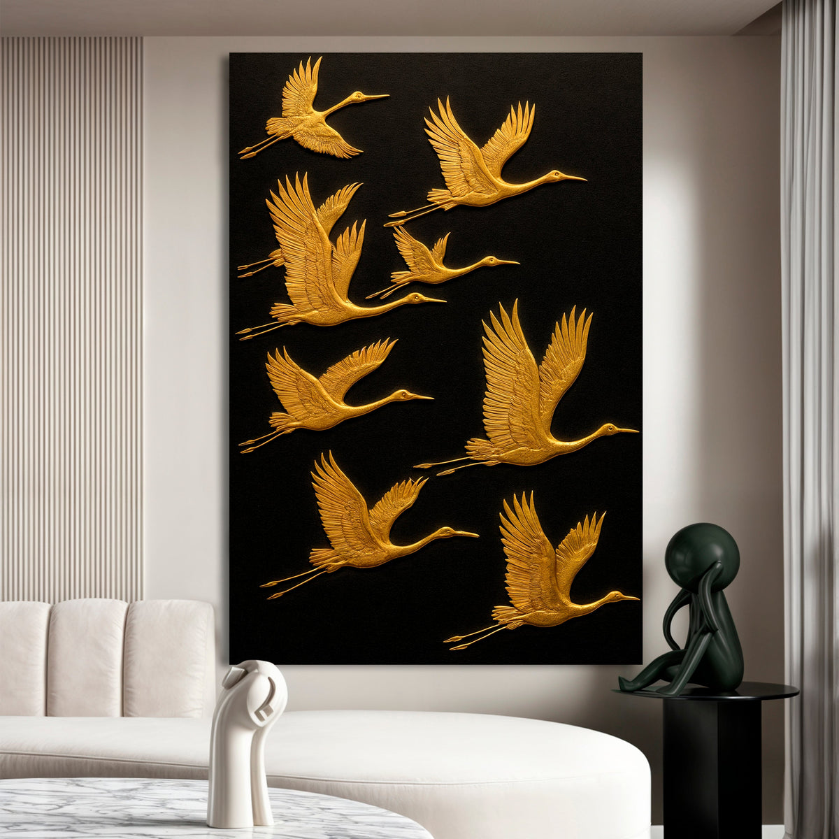Abstract sandhill cranes canvas wall art hanging in a study with wood furniture and plants