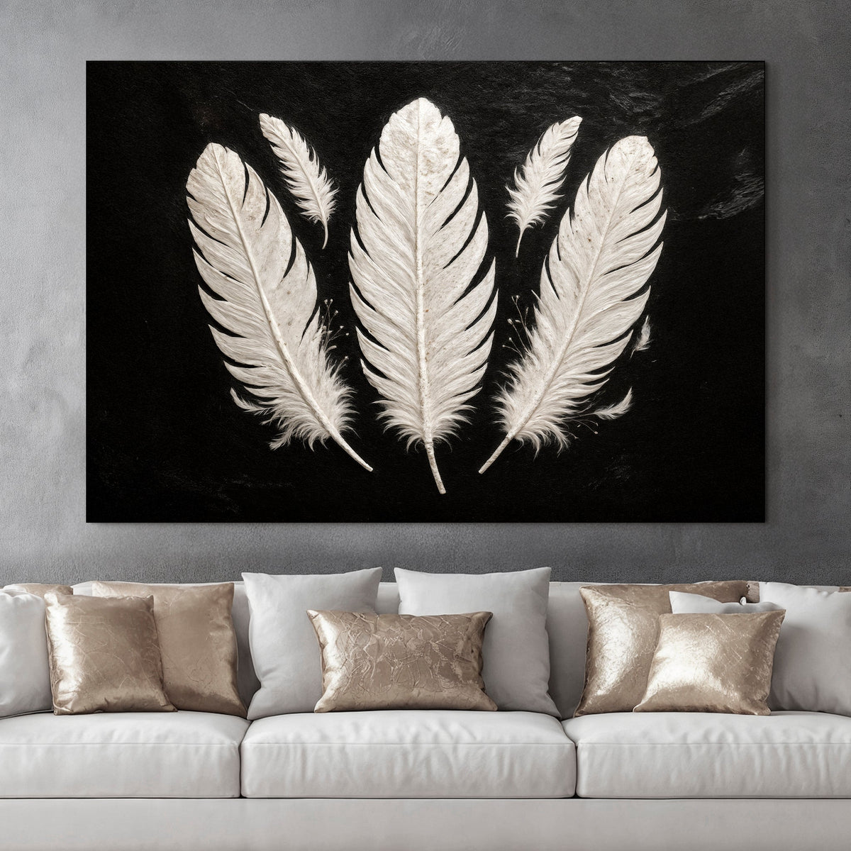 Minimalist monochrome feather canvas wall art in a light Scandinavian hallway