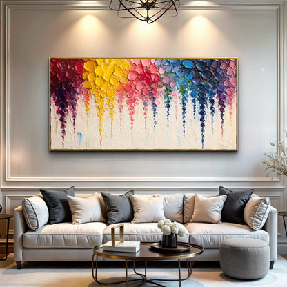 Rainbow Cascade abstract panoramic canvas wall art with gallery-wrapped edges above a living room sofa